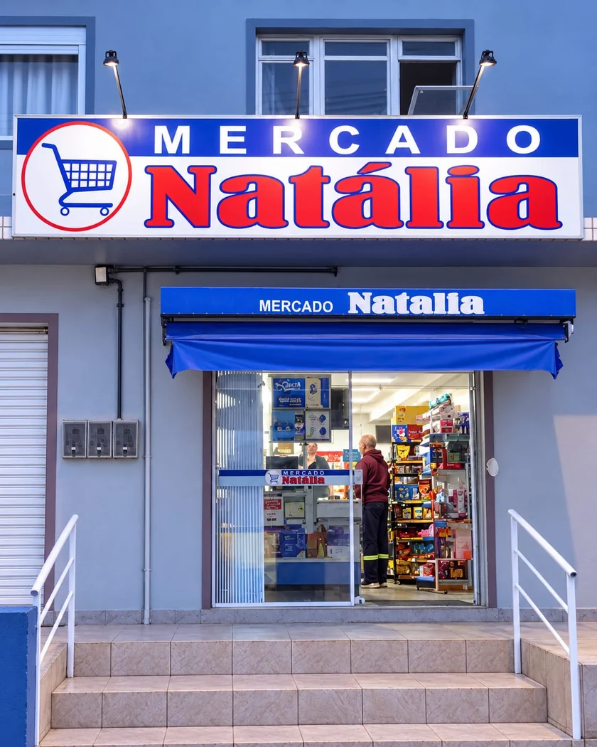 Fachada do Mercado Natália, com letreiro azul e vermelho, toldo azul e entrada do mercado